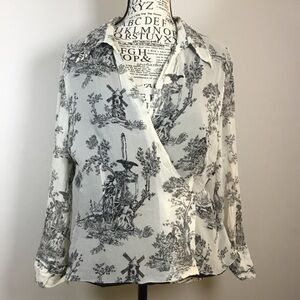 Ice European countryside 100% silk wrap long sleeve floaty blouse satin liner XL